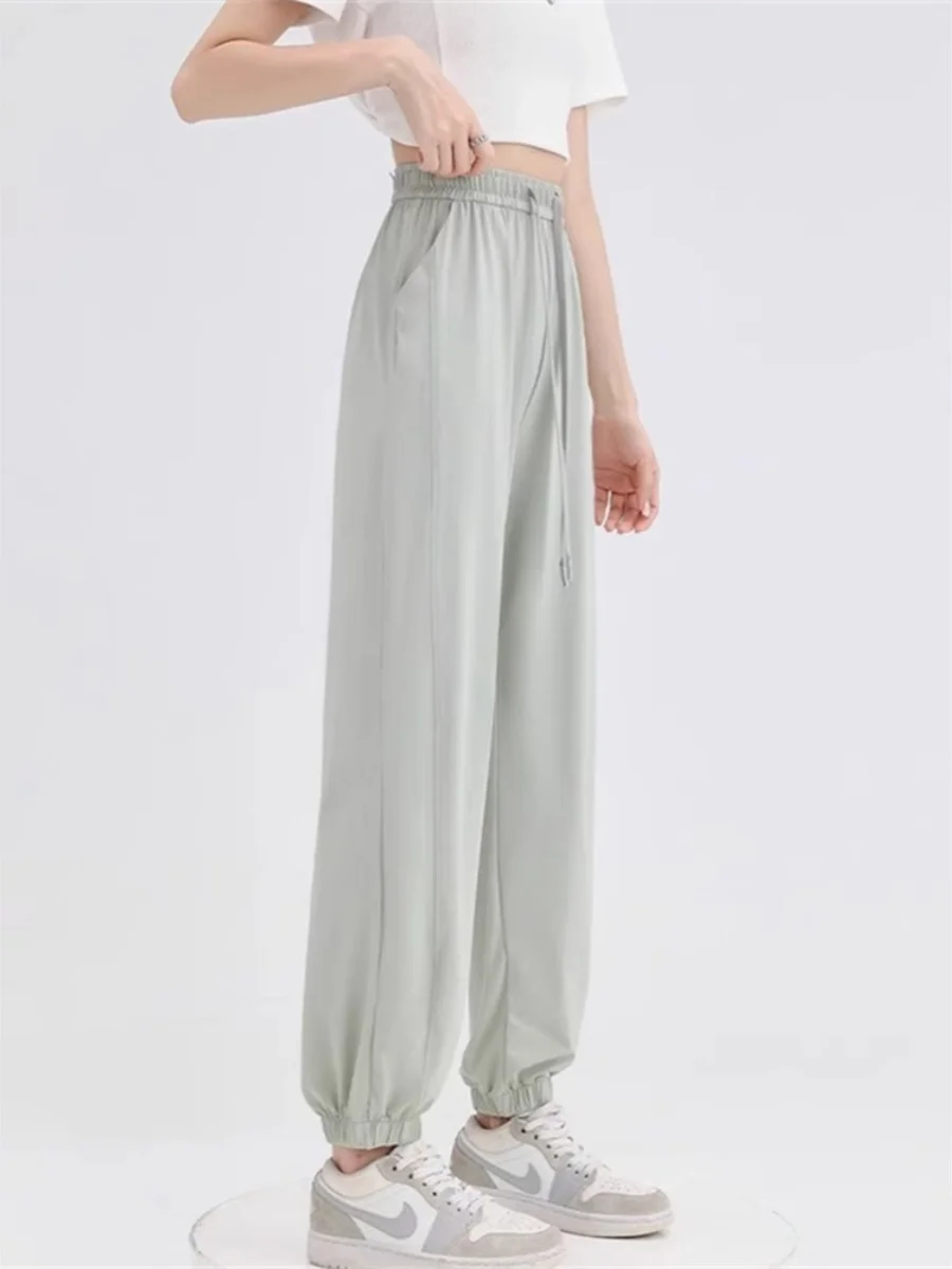 plus Size Ice Silk Sports Pants Women's Summer Thin High Waist Slimming Casual Versatile Cuffed Lantern Pants Wide Leg Commut...
