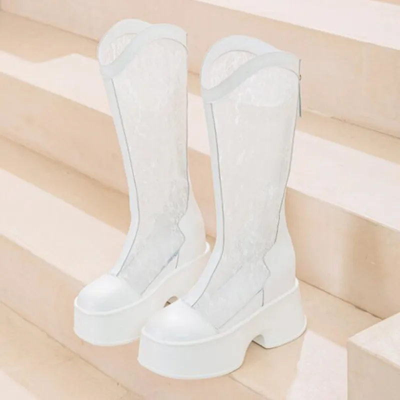 New Air Mesh Sandals Women Knee High Boots Lace Thick Heels ZIP 2026 Summer Hollow 11cm Platform Wedge Fashion Breathable Shoes