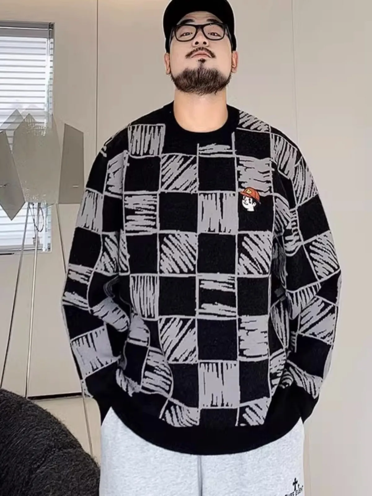 

plus Size Men's Autumn Winter Knitwear Chboard Pattern Loose Base Layer Warmth Trendy Large Code M Faion Knitted irt