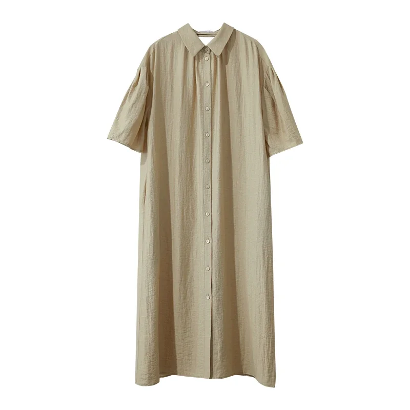 AMII Khaki Loose Comfortable Dress Simple 2025 Summer Vocation Linen Office Lady Drop Shoulder Lazy Hollow Women Dress 12542188