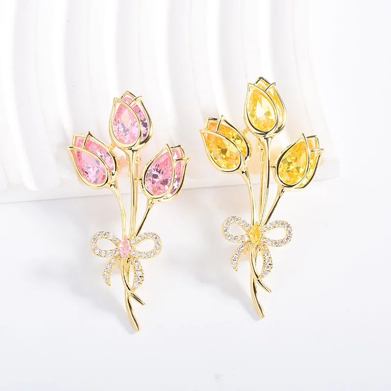 Chinese Style Lucky Tulip Bouquet Brooch For Women Shiny Crystal Bow Collar Pin Fine Suit Lapel Pin Wedding Guest Jewelry Gift