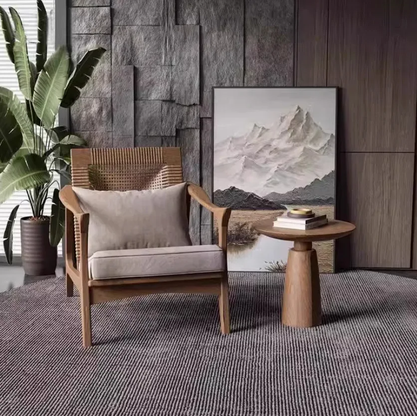 HYS  wabi-sabi wind B & B rattan chair living room balcony walnut solid wood sofa chair