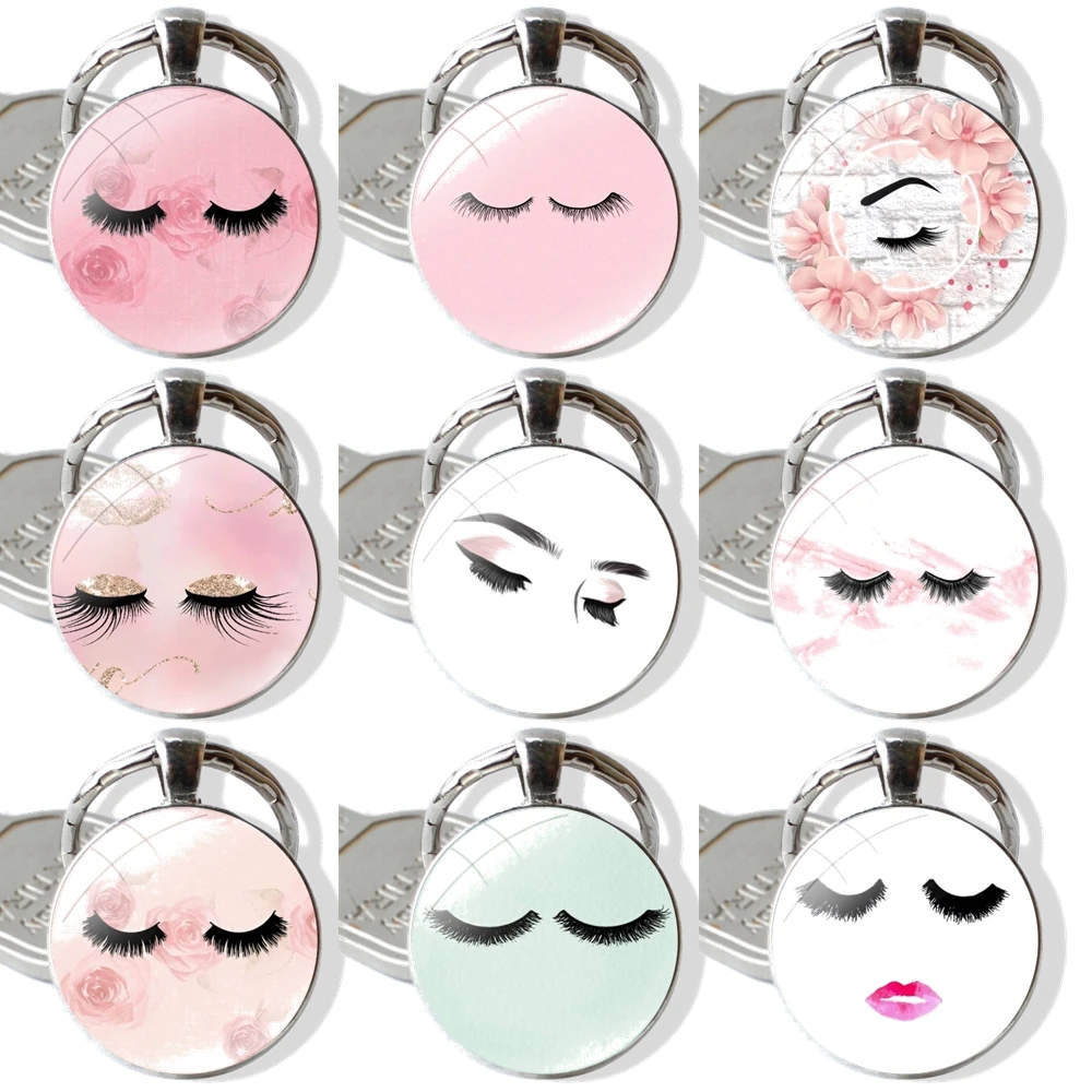 Pink Eyelash Print Cartoon Design Fashion Creative Keychain Handmade Glass Cabochon Key Ring Holder Pendant Key Chains