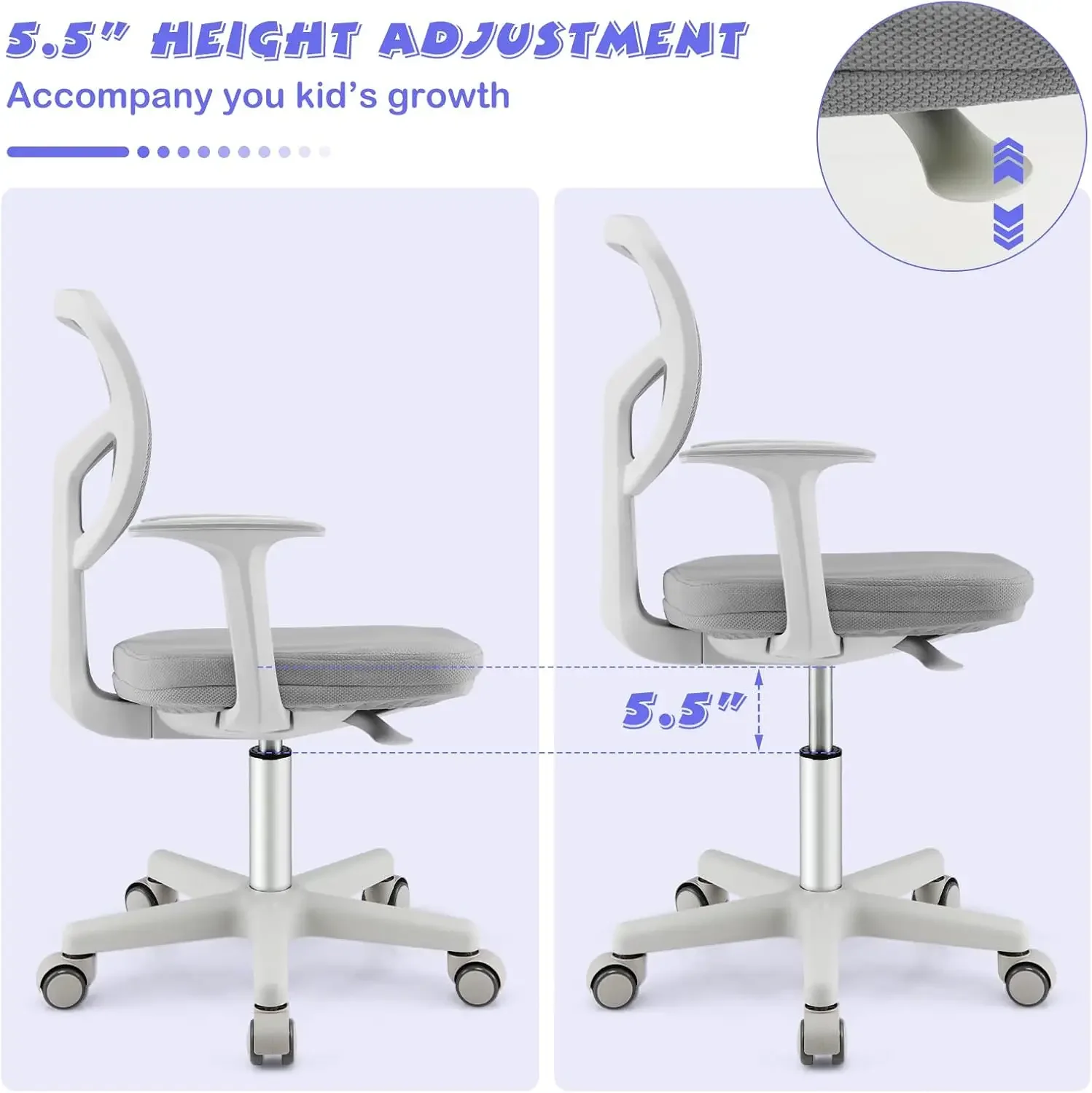 Kids Desk Chair, Adjustable Children Study Computer Chair with Arms & Wheels, Student Swivel Rolling Task Chair, Ergonomic Kids