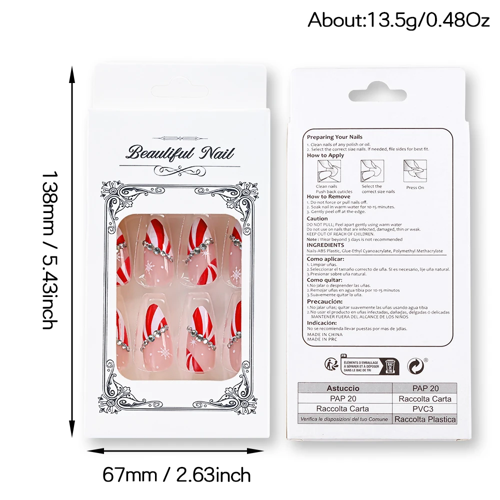 24 pièces blanc rouge rayures faux ongles pour femmes rayures ondulées clair strass ligne couverture complète presse sur ongles noël faux ongles
