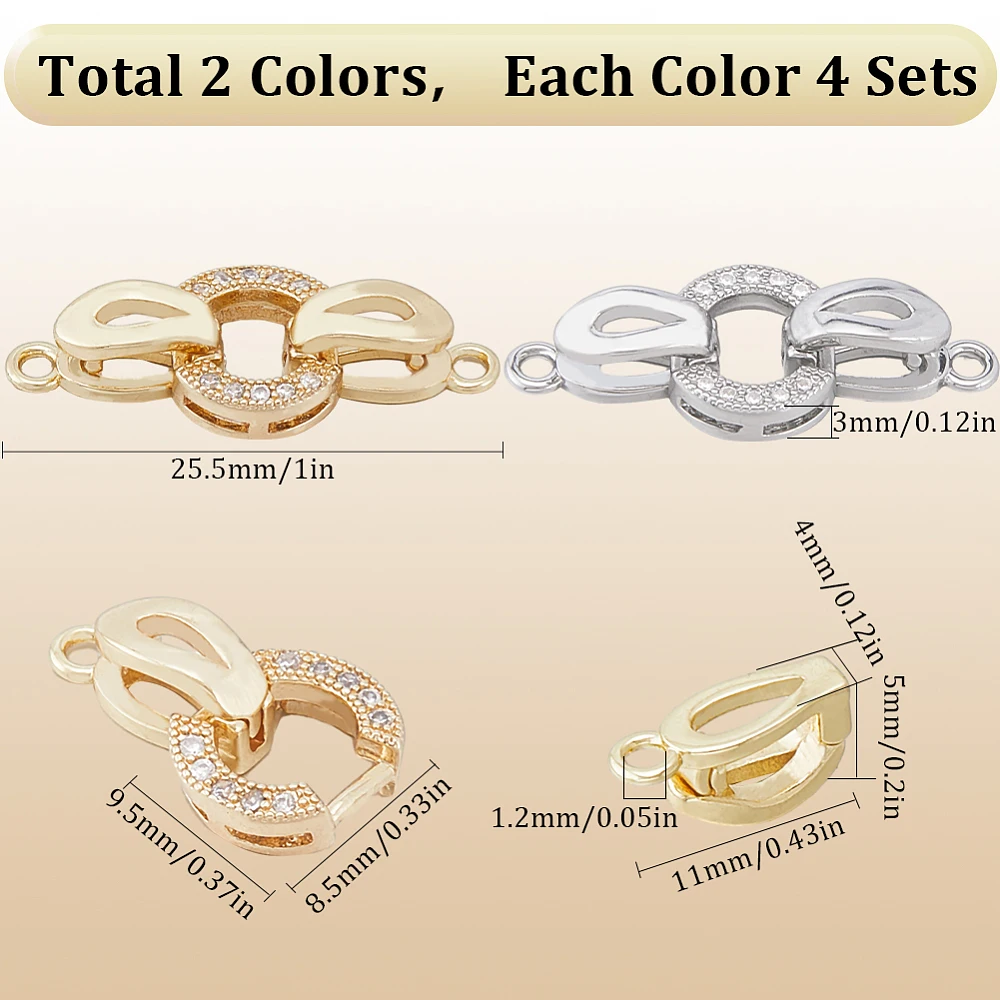 8Sets Fold Over Clasps Brass Cubic Zirconia Extender Clasp Closure End Caps Bracelet Extension Round Connector Clasps Rhinestone