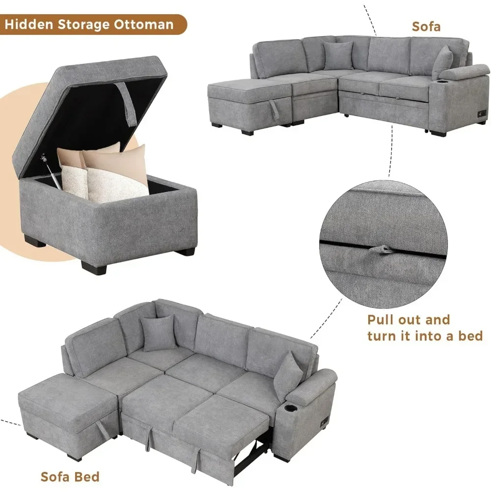 Sleeper Sofa Bed L Shaped Sectional Couch with Storage Ottoman and Chaise for Living Room, Small Apartment Love Seats