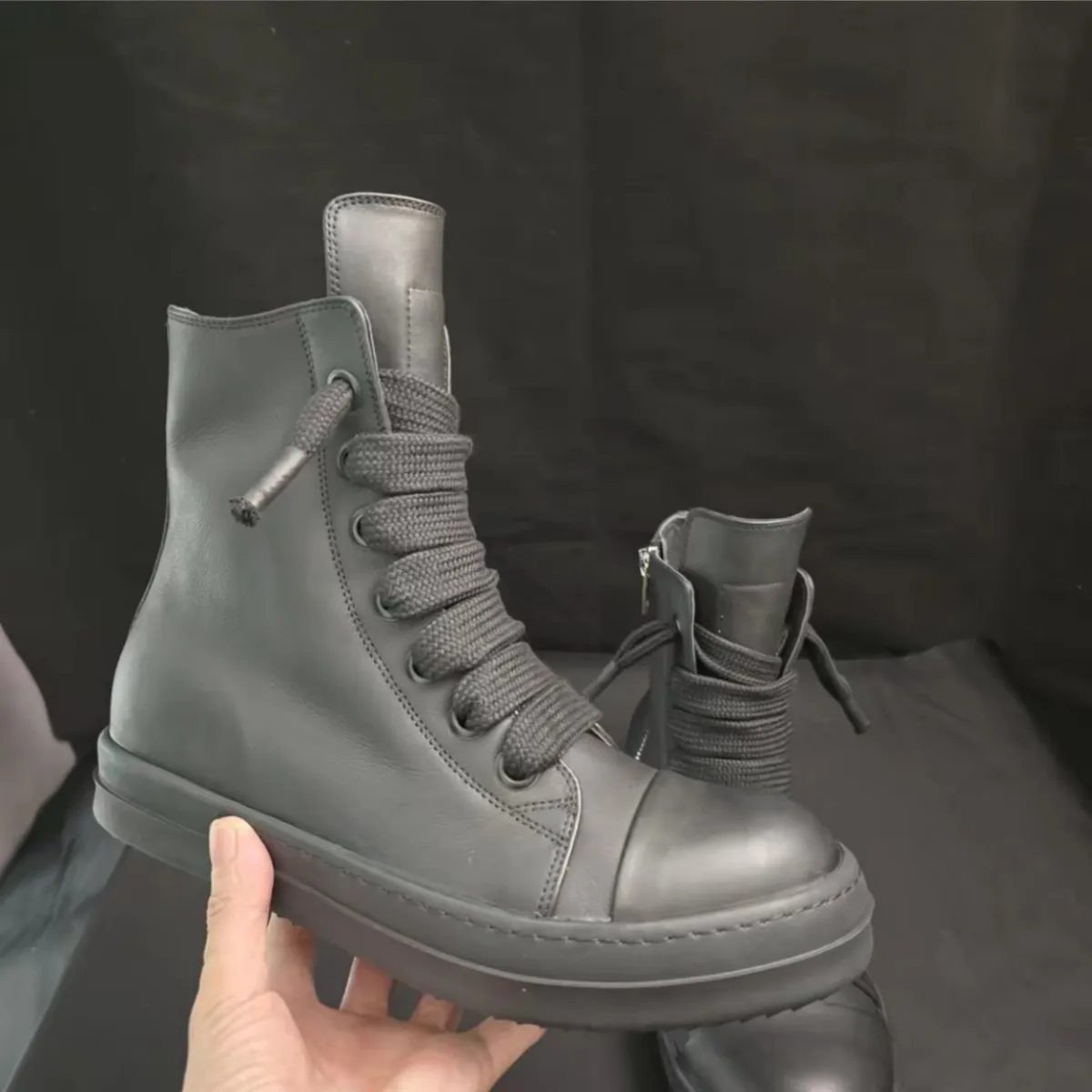 Brand R-o Shoe Full Black Leather Shoes  Men Sneaker Women High Top Shoe Boots Sneakers  Jumbo Laces Casual Shoes