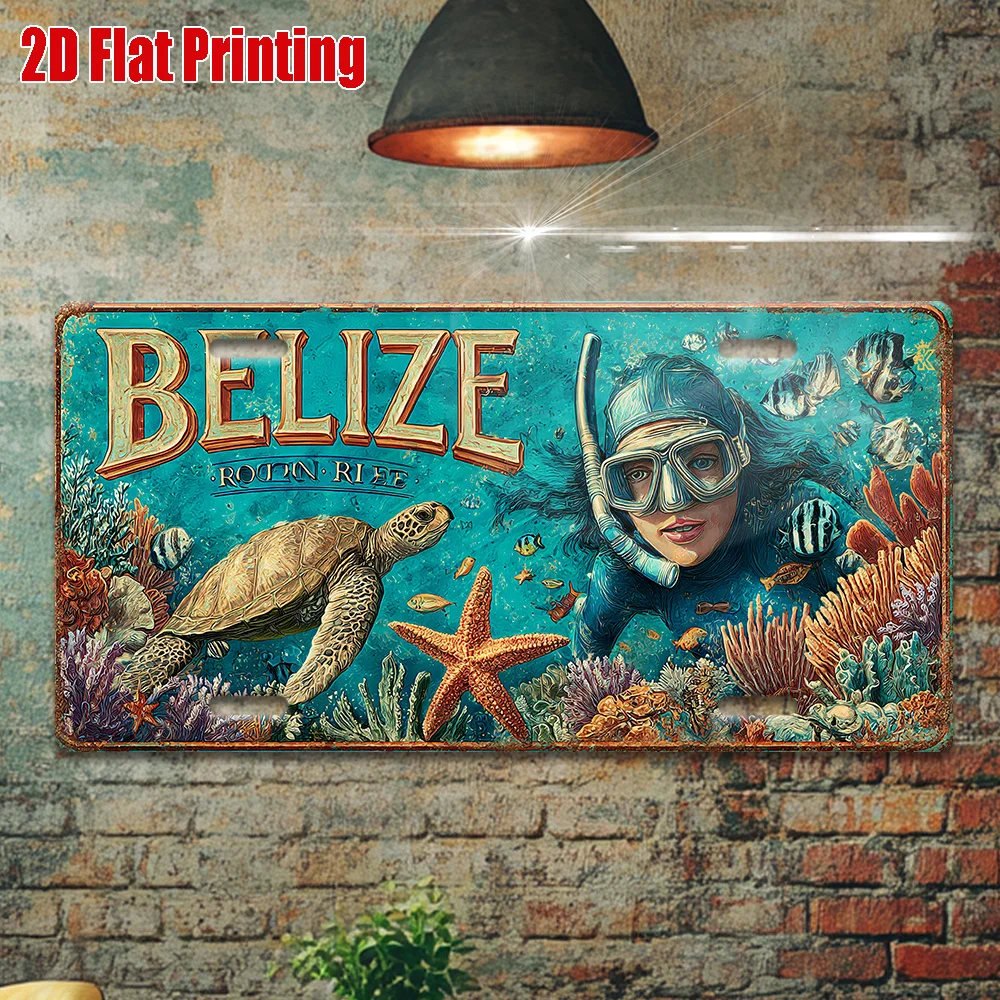 2D Flat, 2D Flat Printing, 1pc, Vintage Metal Sign, for Decorationg Only, Outdoor Wall Art (29.97cm * 14.99cm), BELIZE Alumin