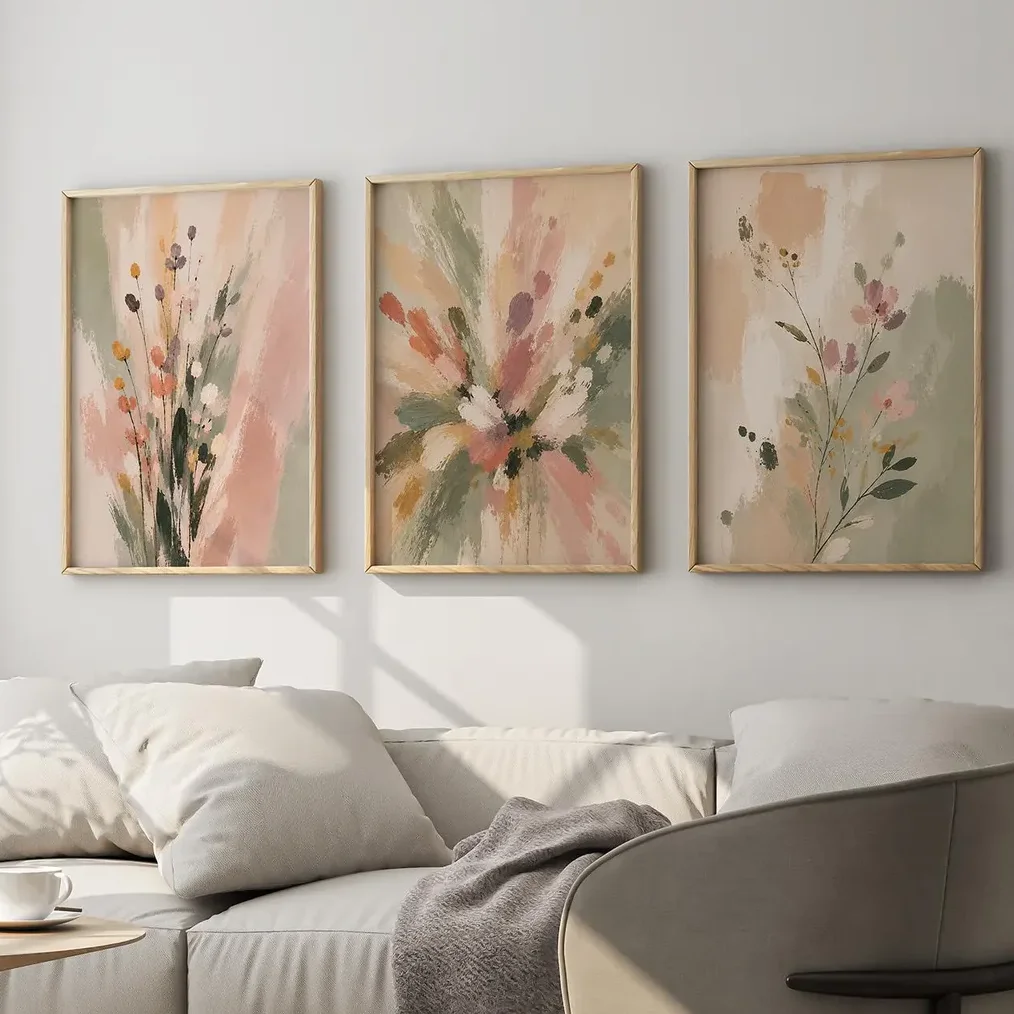 3PCS  Frameless,3PCS  Abstract Floral Poster  Pastel Wildflower Prints  Boho Wall Art  Minimal Botanical Decor Canvas Painting f