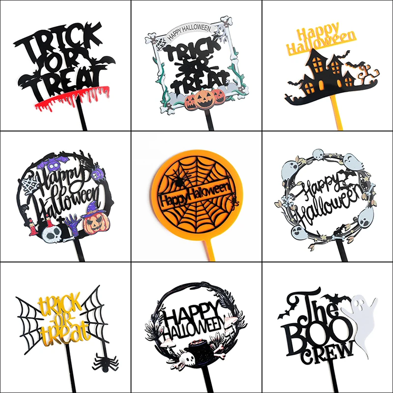 5pc Halloween Cake Decorations Witch Castle Pumpkin Bat Spider Ghost DIY Double Acrylic Cupcake Topper Halloween Party Supplies view 5