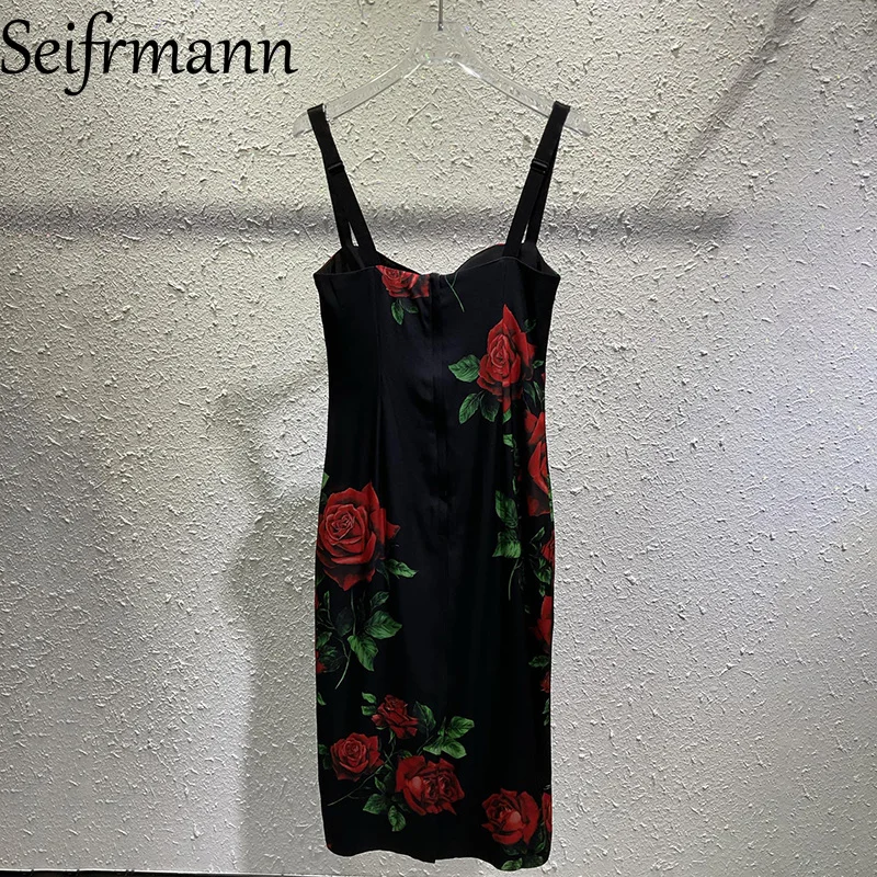 Seifrmann Casual printed silk suspender dress square neck sleeveless waist mid-length dress 2026 autumn women's new style