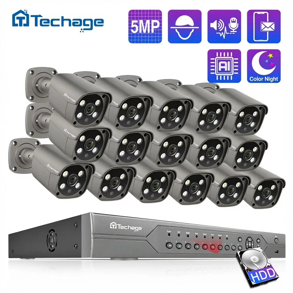 Techage 16CH 5MP POE NVR Kit Security Camera System Two Way Audio H.265 IP AI Camera Outdoor P2P CCTV Video Surveillance Set