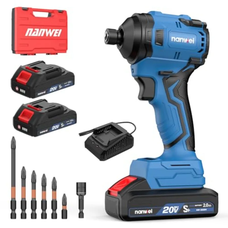 

NANW20V Brushless Impact Driver 2100 In-lbs Max Torque 1/4 Hex Shank 2 x 2.0Ah Batteries Bit Set Red Heavy-Duty Home Improvemen