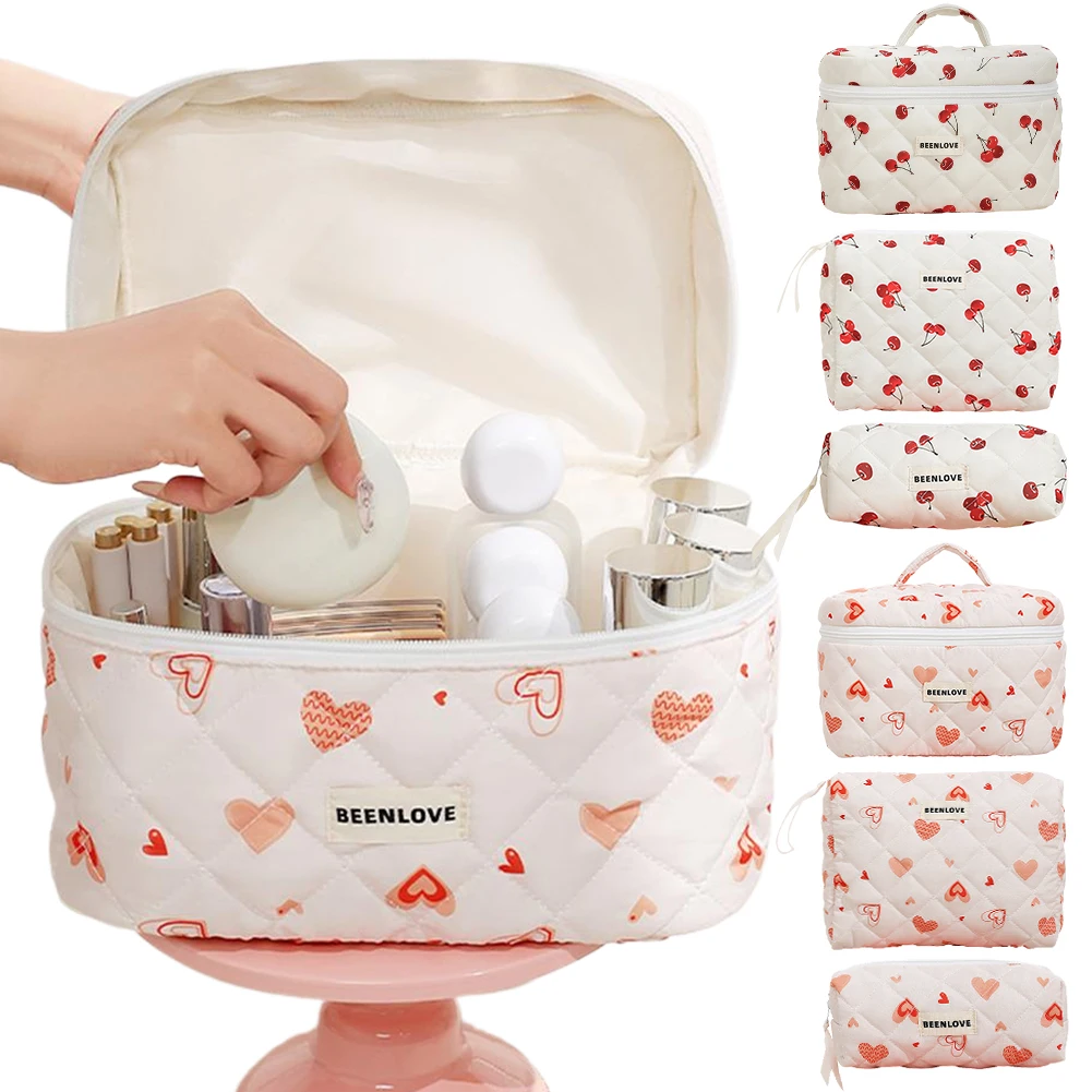 Women Quilted Makeup Bag Makeup Storage Bag Large Capacity Portable Cosmetic Pouch Cherry/Heart Pattern Outdoor Travel Bag