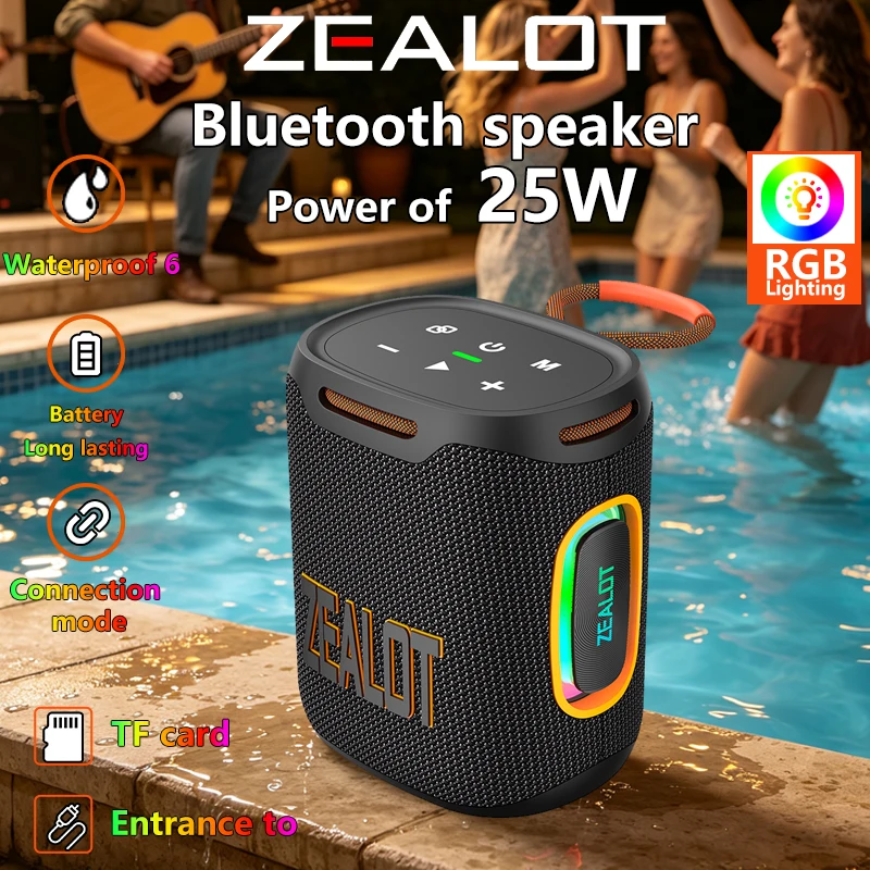ZEALOT-S122 Bluetooth Speaker BT5.4 Wireless IPX6 Waterproof Shower Speaker,25W HiFi Stereo Sound,TWS Pairing,20H Music Playtime