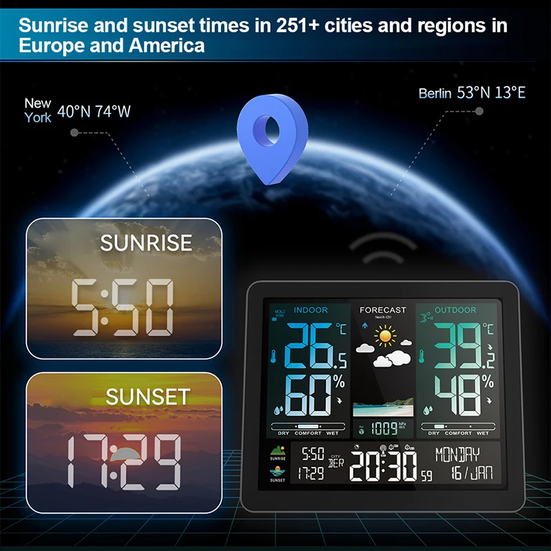 多機能ワイヤレスウェザーステーション,温度計,湿度計,センサー付き,カラースクリーン,気象機能,屋外および屋内
