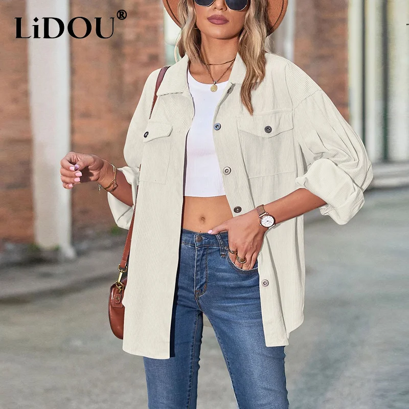 

Spring Autumn Loose Casual Fashion Corduroy Long Sleeve Shirt Lady Solid Color Buttons All-match Blouse Women's Cardigan Tops