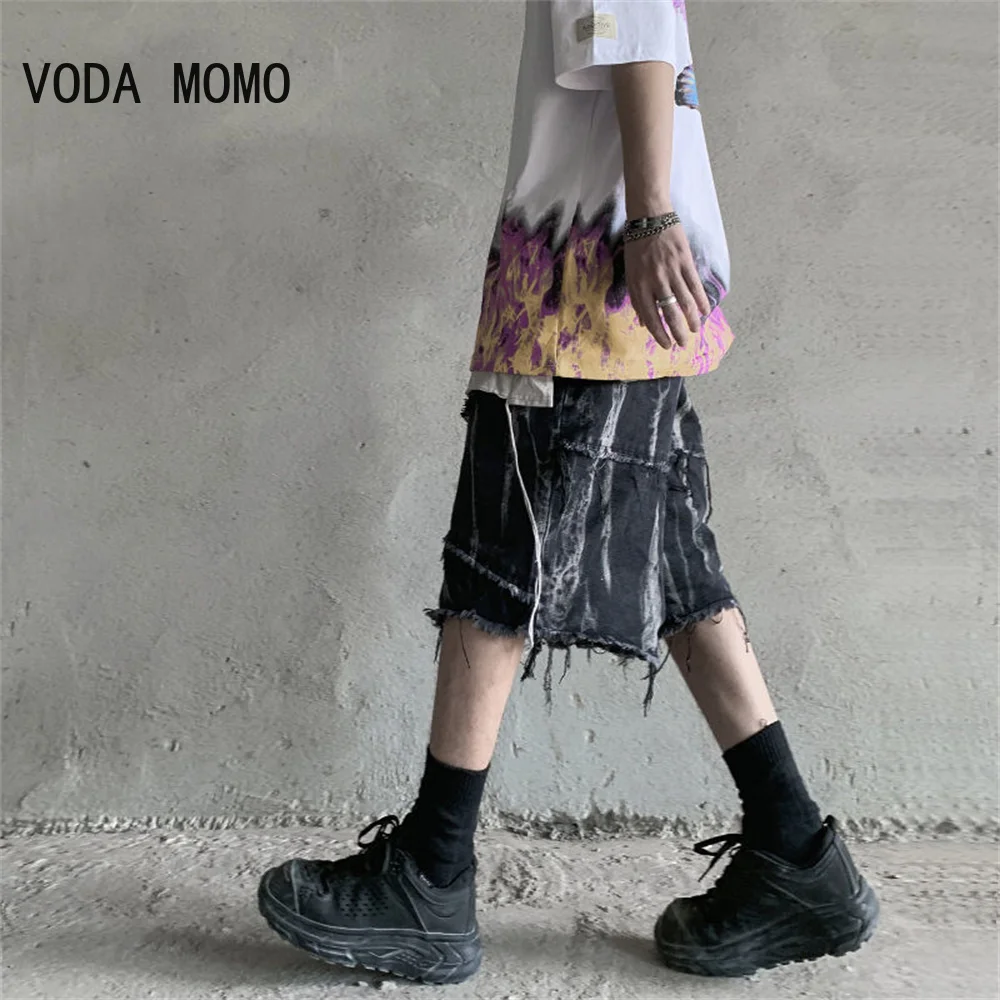 

Retro Wash And Make Old Ripped Denim Shorts Men Casual Loose Big Hole Male Short Jeans Hip Hop Knee Length Shorts