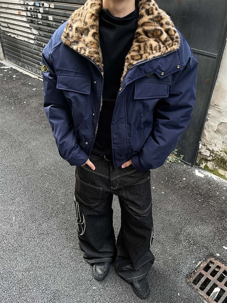 

American Sle Thiened Tee-Proof Stand Collar Leopard Print Mountain Eagle Jaet Men's Trendy Autumn Winter Thi Warm C...