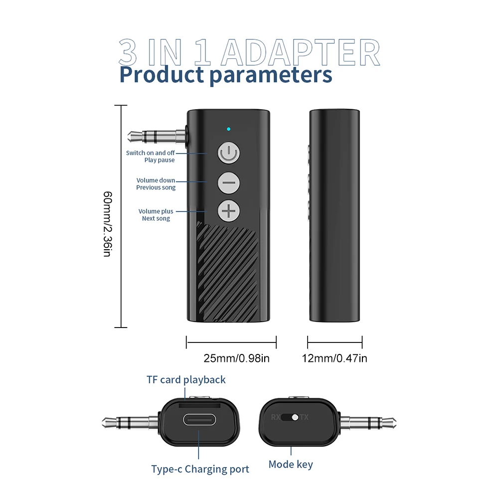 2 في 1 محول الصوت اللاسلكي 3.5 ملم AUX بلوتوث متوافق 5.3 محول الصوت جهاز ريسيفر استقبال وإرسال لسيارة الصوت سماعة الموسيقى