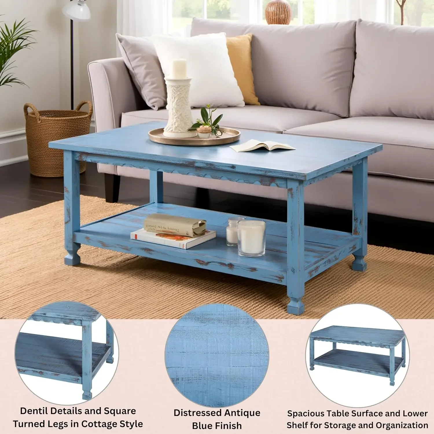 [New Arrival, Free Shipping!]Rustic Rectangular Coffee Table, Living Room Blue Antique, Farmhouse/Cottage Style, Select Hardwood