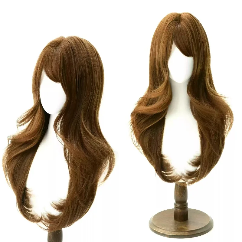 Layered Lazy Wavy Wig Chestnut Brown with Bangs High Temperature Fiber Wig for Women Natural Style Daily Wear Cosplay Party