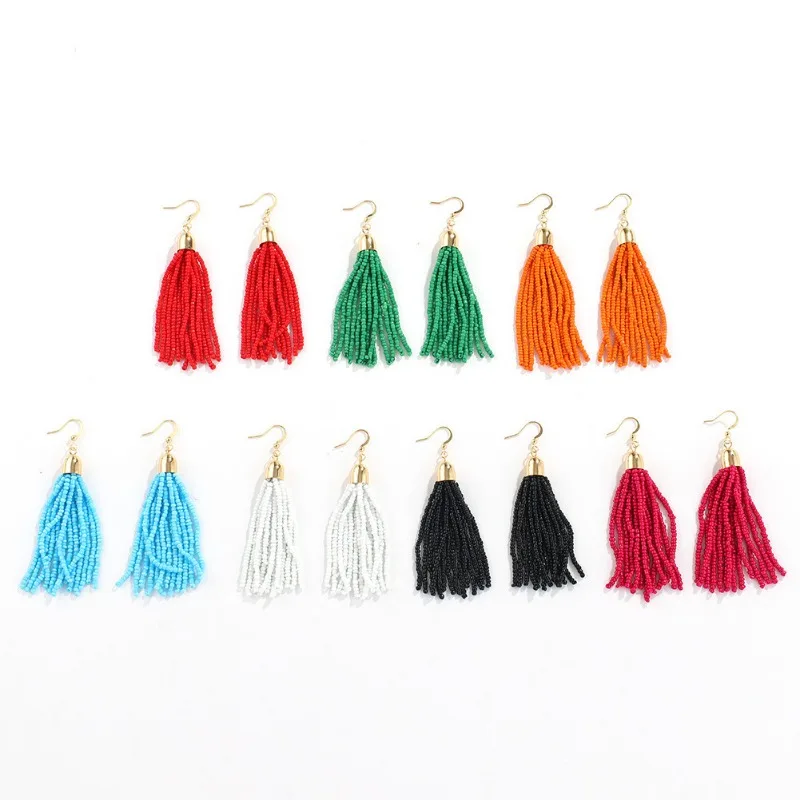 European and American Retro Ethnic Style Handmade Beaded Earrings Feminine and Versatile Bohemian Colorful Tassel Bead Jewelry