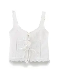 XNWMNZ 2024 Women's Fashion white embroidered tie Top vacation style square neck lace trims versatile female top