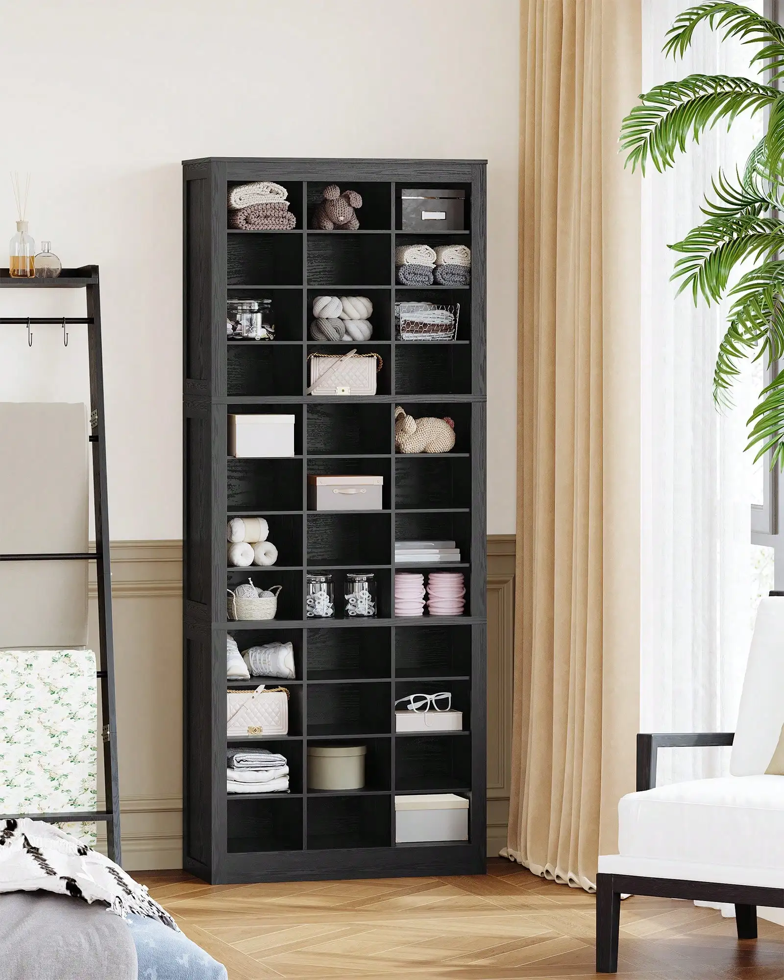 HaluPeit Shoe Storage Cabinet, 36 Pairs Free Standing Closet Organizer, 8.8 Inch Widened Cell Wood Shoe Organizer, 12 Tiers Vertical Space Saving Shoe Rack For Entryway, Bedroom, Black