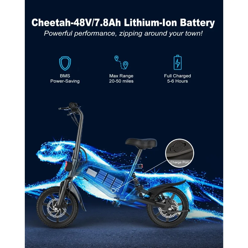 14 Inch Adult Folding Electric Bike, 22MPH Electric Bike with 350W Motor [500W Peak], 48V 374Wh Battery, Dual Shock Absorbers