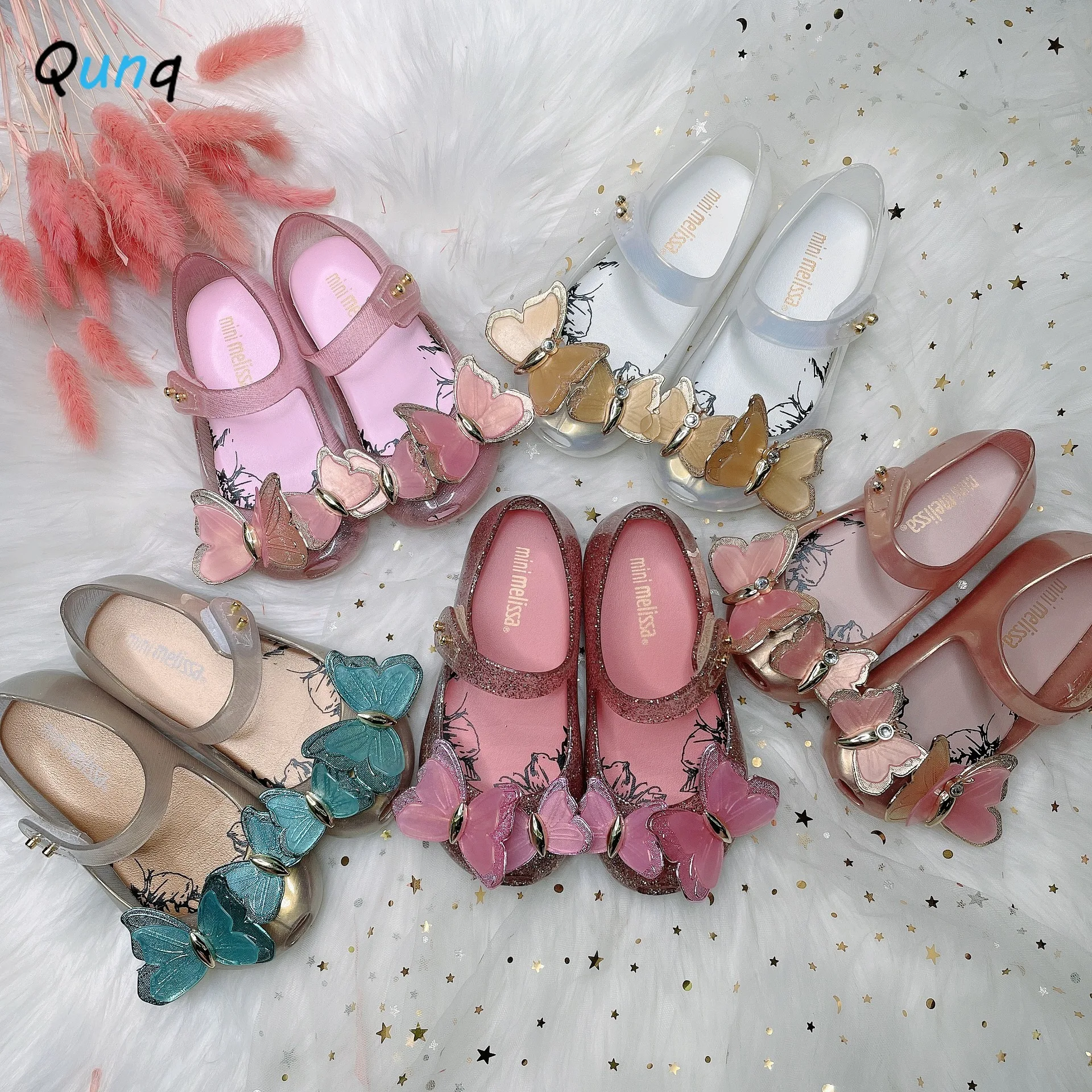 Qunq Summer Girls' New Stereoscopic Butterfly Rhinestone Jelly Lovely Beach Sandals Breathable Waterproof Casual Princess Shoes