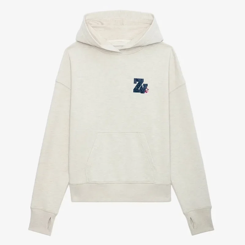 Pull polaire à capuche pour femme, nouvelle Niche française imprimée, diamant chaud, encre blanche, broderie diamant chaud, hiver