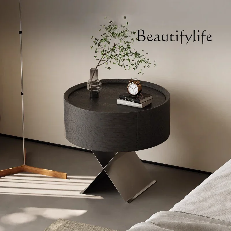 

J W Italian Minimalist Bedside Table Stainless Steel Designer Storage Cabinet Solid Wood Round High-end Master Bedroom Bedside T