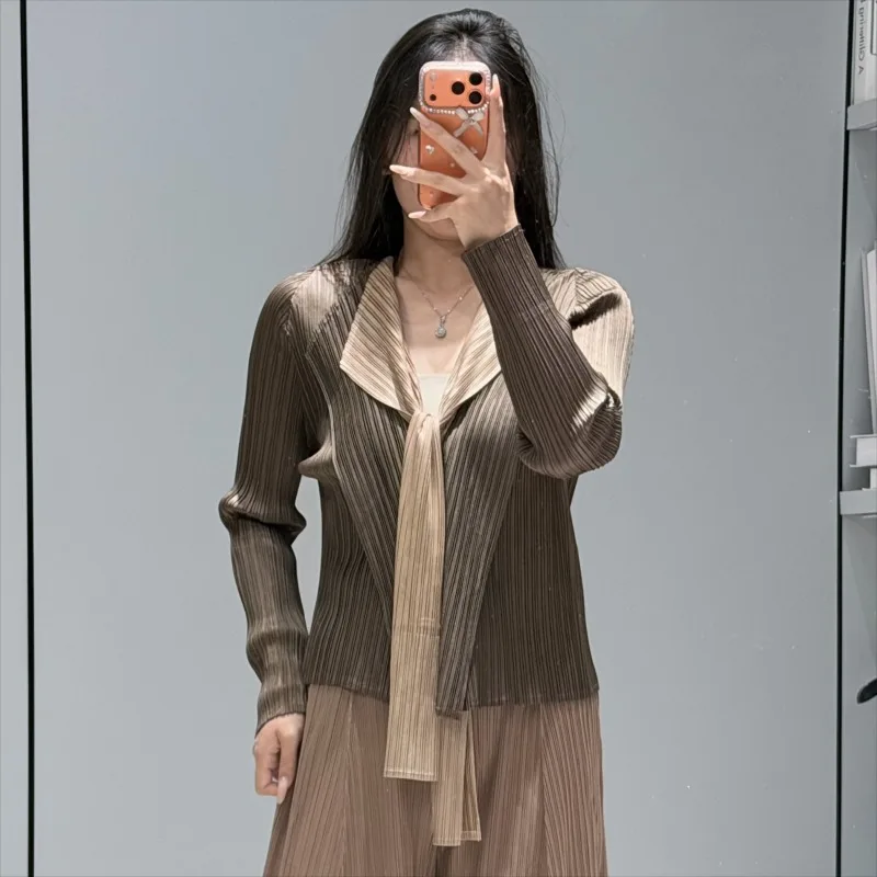  Pleated Cardigan 2026 Autumn New Lapel Long Sleeve Ribbon Top Fashion Casual Versatile Draped Women's Color Block Jacket