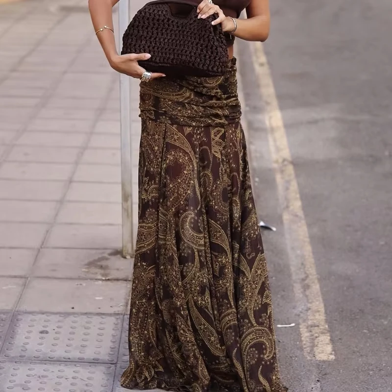 Irregular Printed Big Swing Long Skirts for Women High Waist Buttock Cover A-Line Maxi Skirt Female Vintage Bottom Clothes