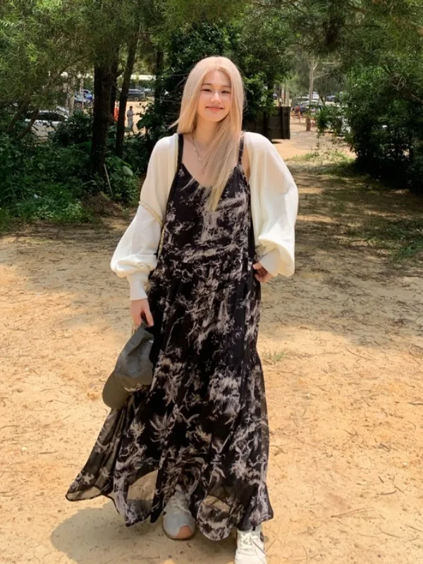 

Sweet And Cool Style plus Size Set New Autumn Sun Protection Shoulder Coat Design V-Neck Rendering Strap Dress