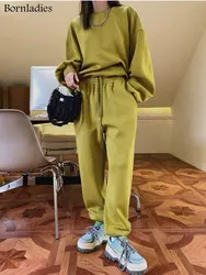 Bornladies 2022 Autumn Women Cotton Sweatshirt Suit Oversized Sets Female O Neck Loose Sweatshirt + Long Pants Suits Short Sets