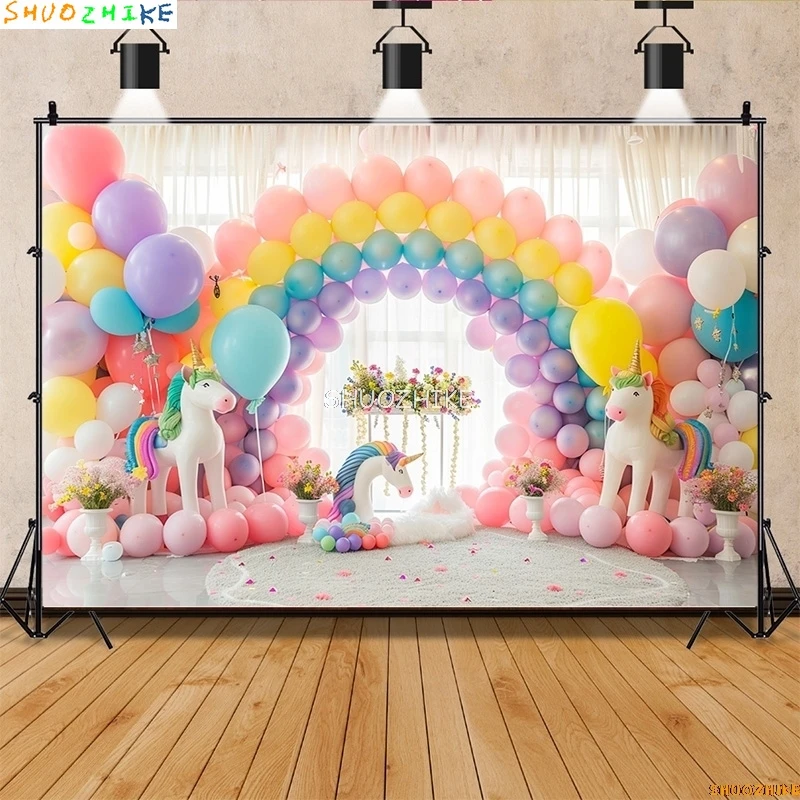 Фоны для фотосъемки с изображением радуги арки воздушных шаров единорогов реквизита для новорожденных детей украшение для дня рождения