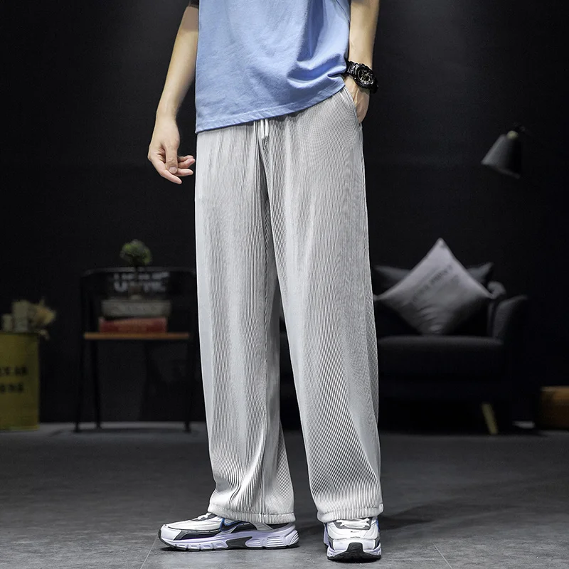 Chinese Style Thin Plus Size Ice Silk Casual Sports Pants Summer Loose Straight Sweatpants Oversized Trousers Men Clothing