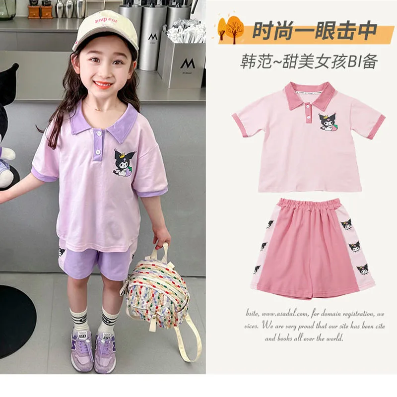 Anime Sanrios Summer Short-Sleeved Sportswear Kawaii Kuromi Children Fashion T-Shirt Shorts Two-Piece Set Casual Summer Clothes