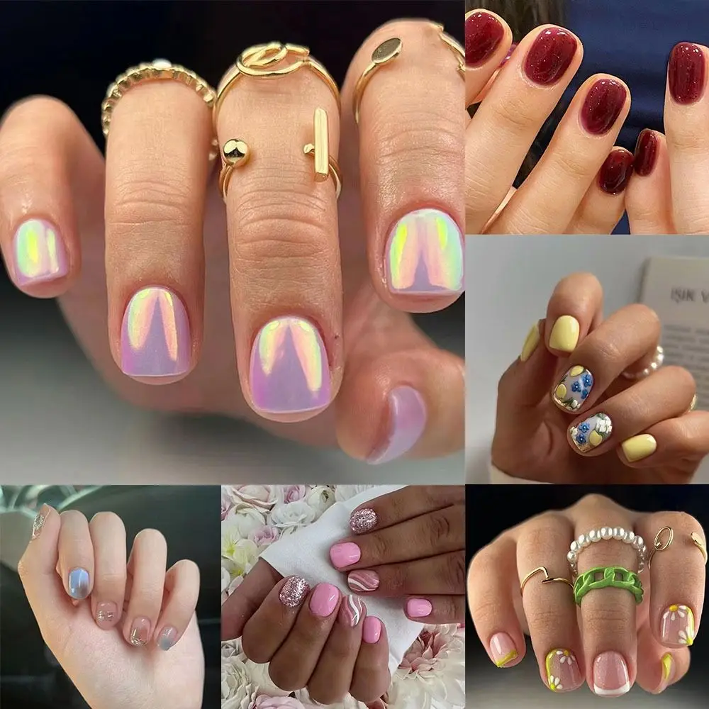 Moda curta redonda unhas falsas vintage limão francês unhas falsas cobertura completa espumante rosa branco dicas de unhas para diy