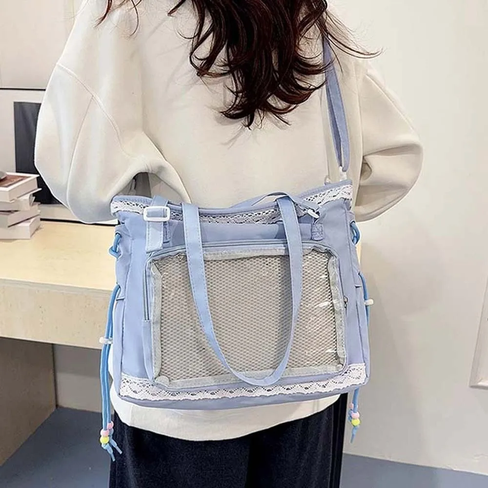 

Lace Decoration Shoulder Ita Bag PVC Large Capacity Goth Transparent Handbag Japanese Style Waterproof Y2K Anime Display Bag