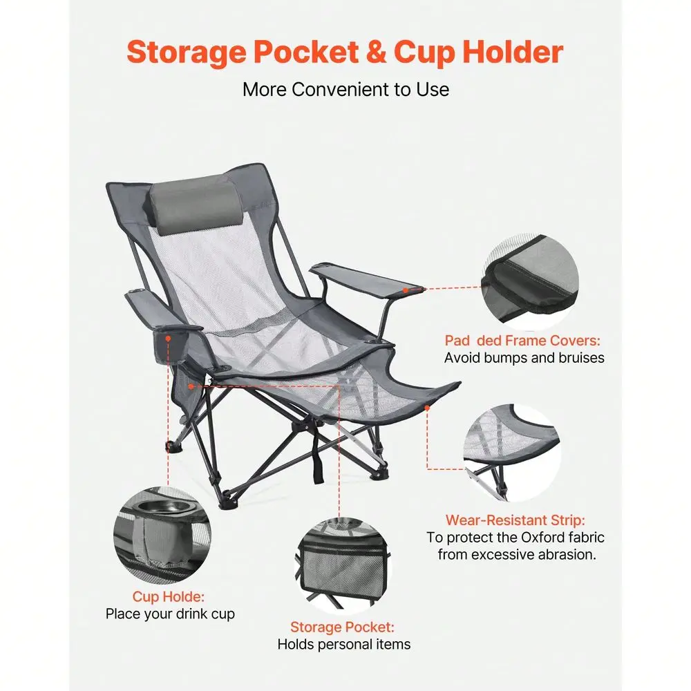 

Camping Chair, 4 Adjustable Positions, Portable Folding Lounger For Adults, Mesh Beach Chair With Footrest Plush Cushion, Suppo