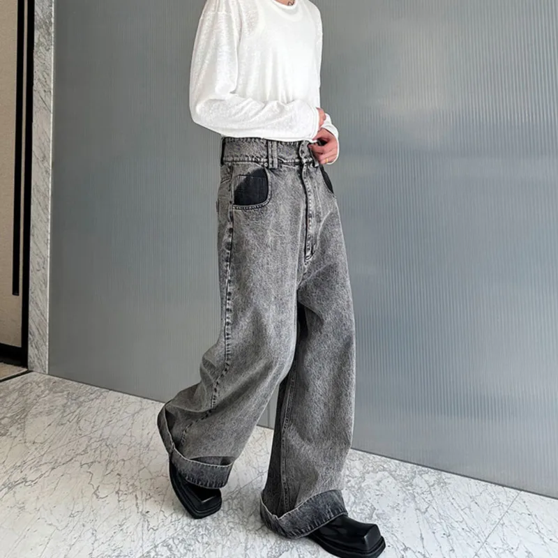 SYUHGFA 2025 Otoño Invierno nuevo estilo coreano pantalones vaqueros para hombres lavado contrato Color diseño de nicho pantalones vaqueros sueltos de pierna ancha para hombres