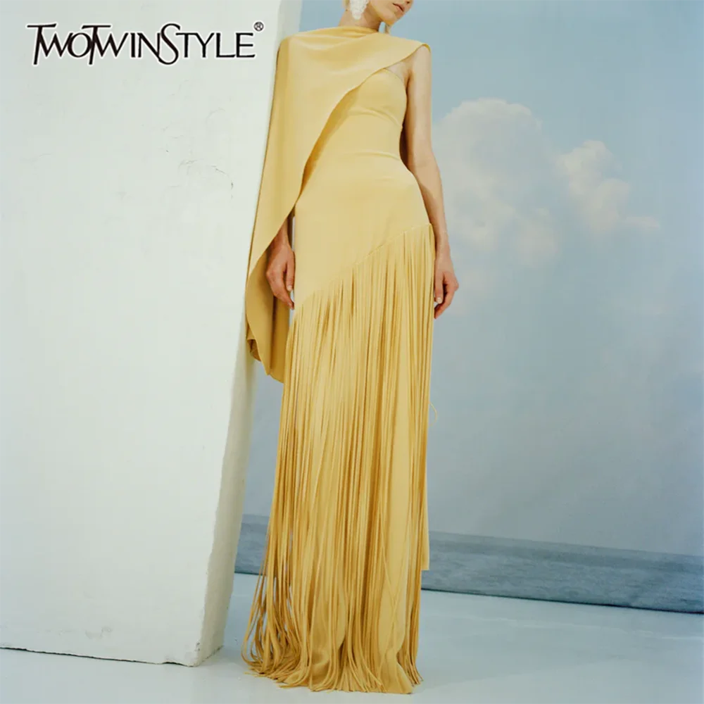 TWOTWINSTYLE Solid Loose Spliced Tassel Chic Dresses for Women O Neck Sleeveles…