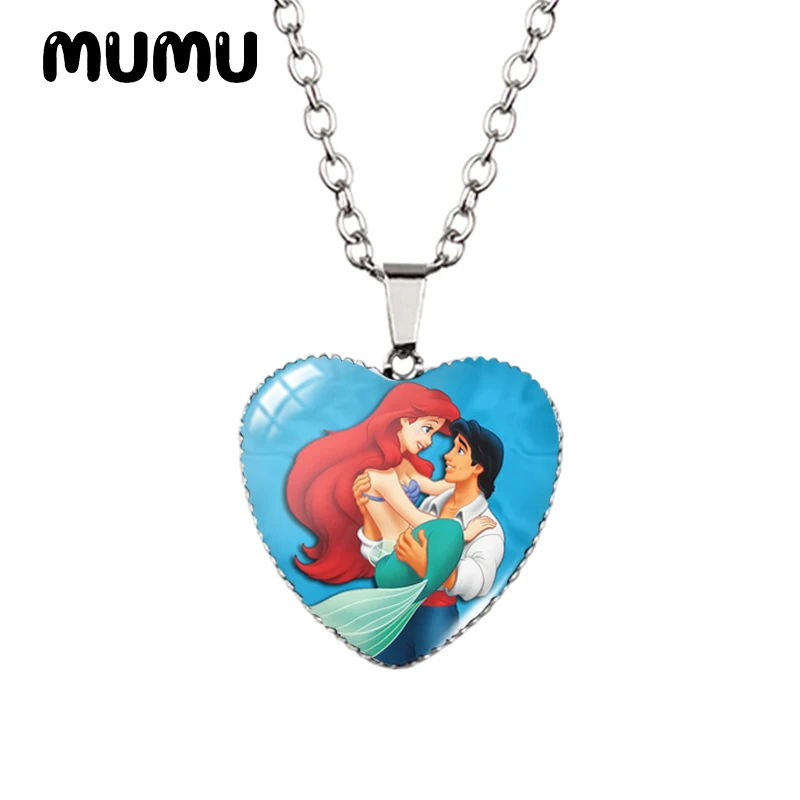 2024 New The Little Mermaid Heart Necklace Glass Printed Photo Pendant Handmade Jewelry Gifts Children
