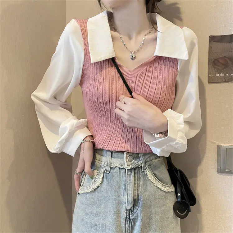 Design Sense Niche Splicing Polo Collar Lantern Sleeves Fake Two-piece Short Knitted Top Women\'s Long Sleeved Shirt