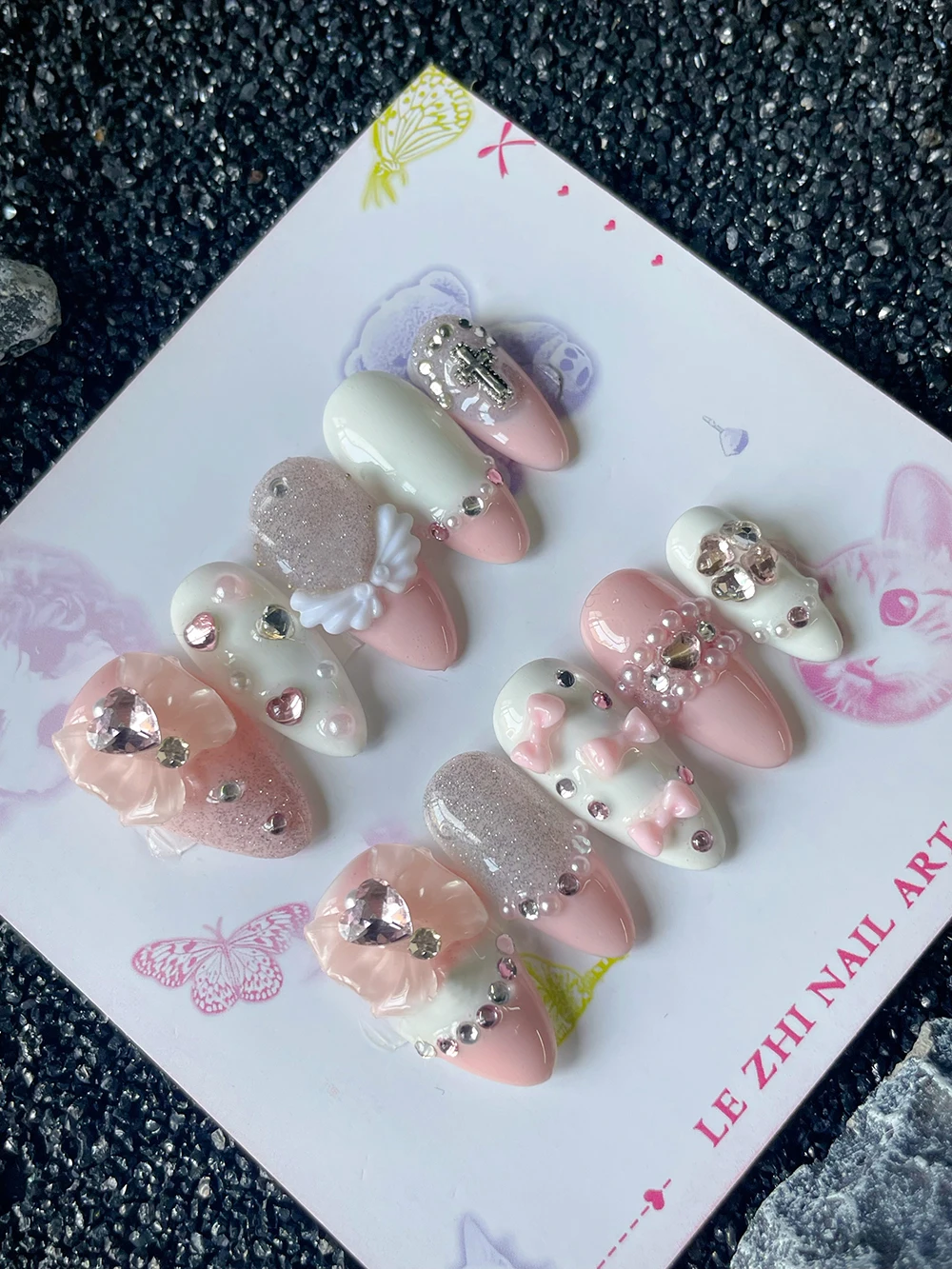 Pink Sweet Almond Press On Nails Art Love Diamond Pearl Bowknot Glitter Powder Wings Handmade Nails Manicure Party Sticker Gifts