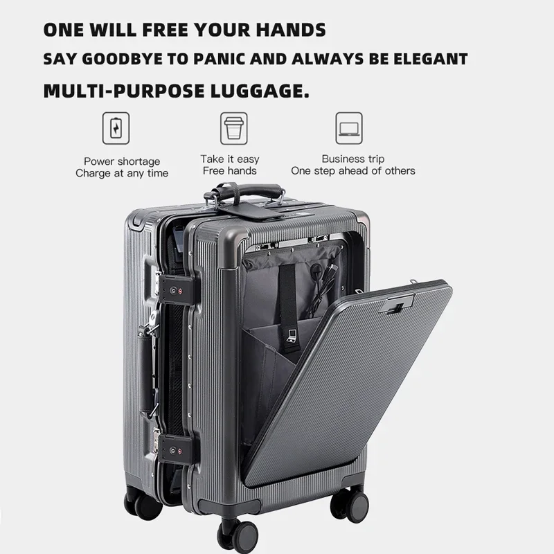 100% PC Wide Trolley Luggage Front Opening Multi-Functional Women 20-Inch Small Lightweight Boarding Box 24-Inch Men's Suitcase